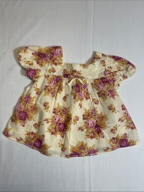 Janie and Jack Cream Pink Purple Floral Print organic cotton bow puff sleeve 12M